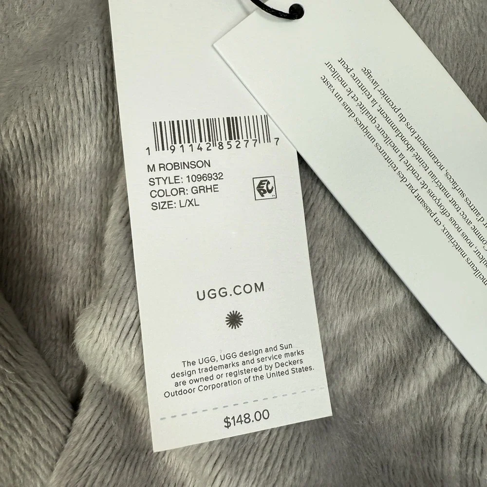 Ugg‎ Men's Robinson Robe Grey Heather Fleece Classic Soft Bathrobe Size M/L NEW